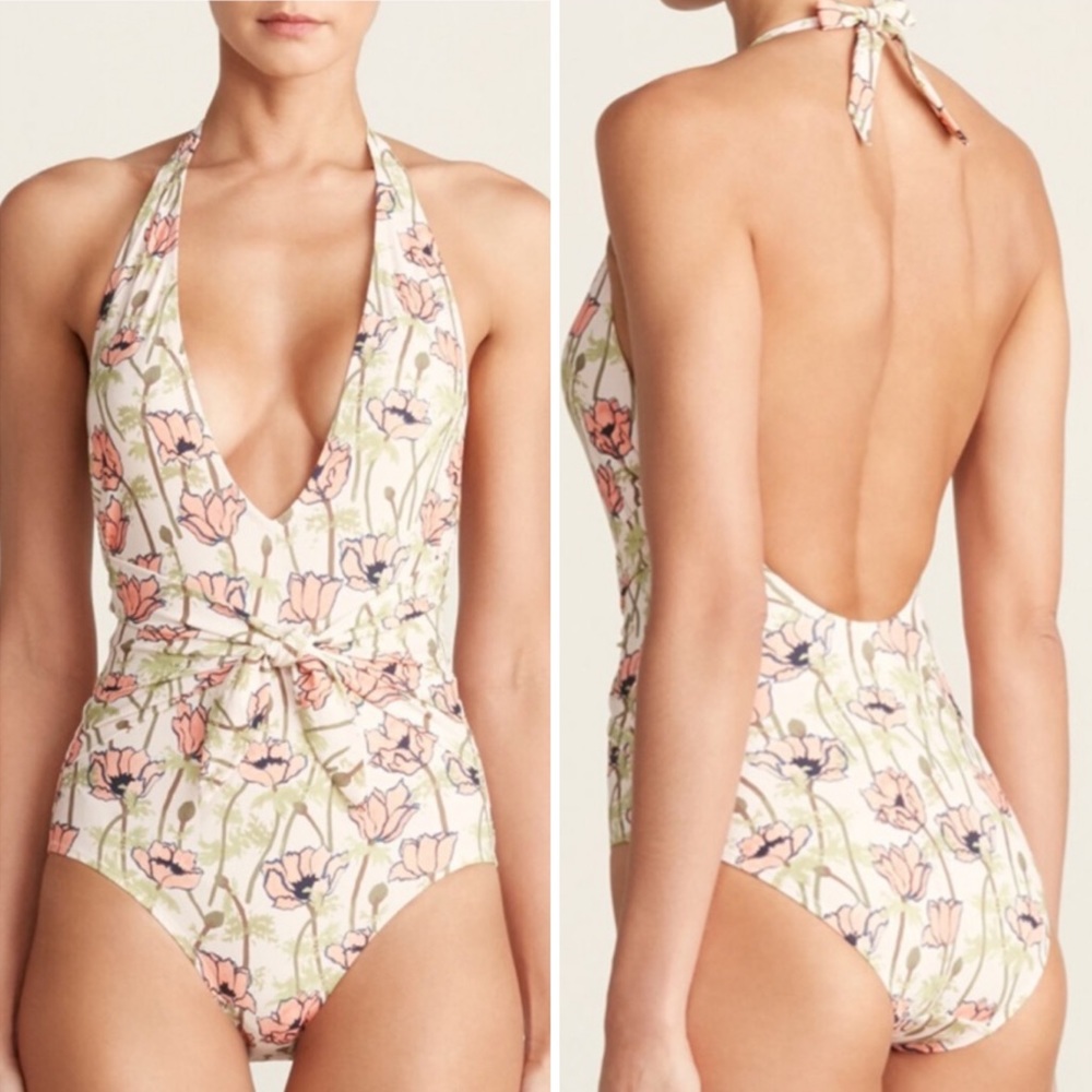 Tory Burch One Piece Swimsuit Pink Poppies Sz XL